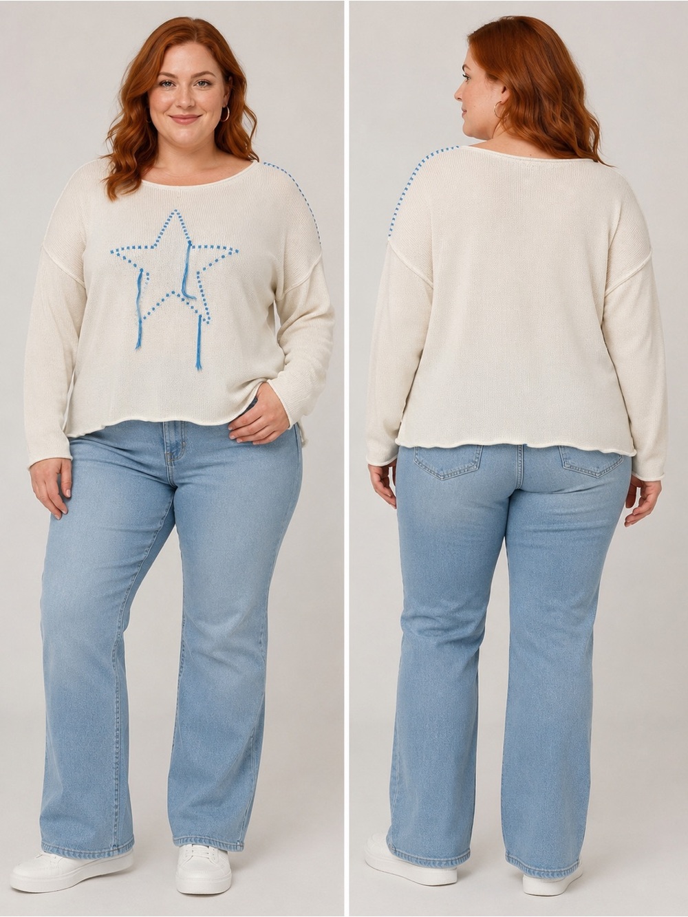 Wild Fable Cream Sweatshirt Blue Star Design Pullover Wide Crew Neck Size 1X